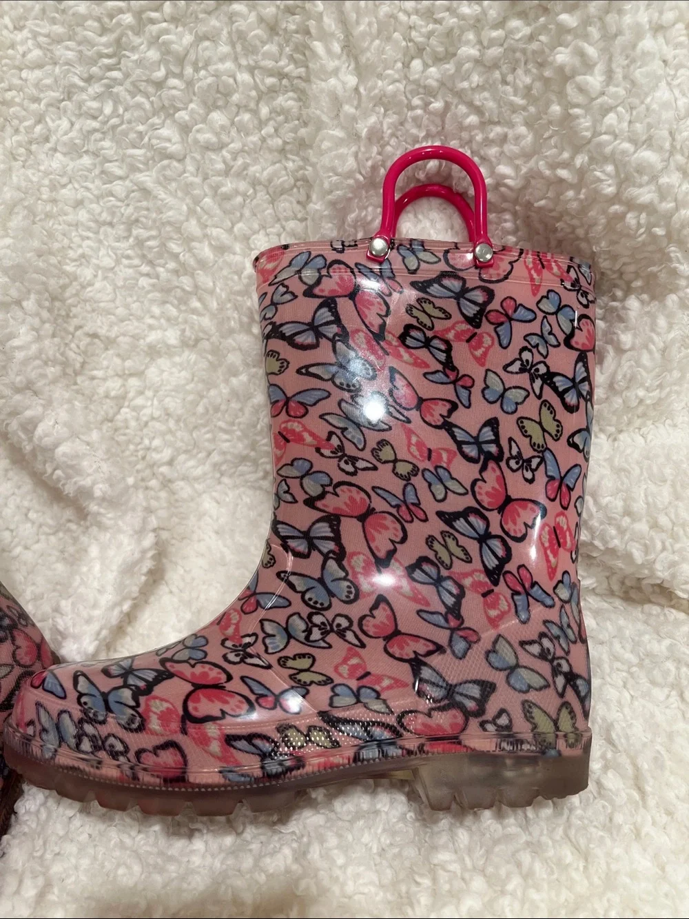 Girls' Pink Butterfly Print Rain Boots with Easy Pull Handles
